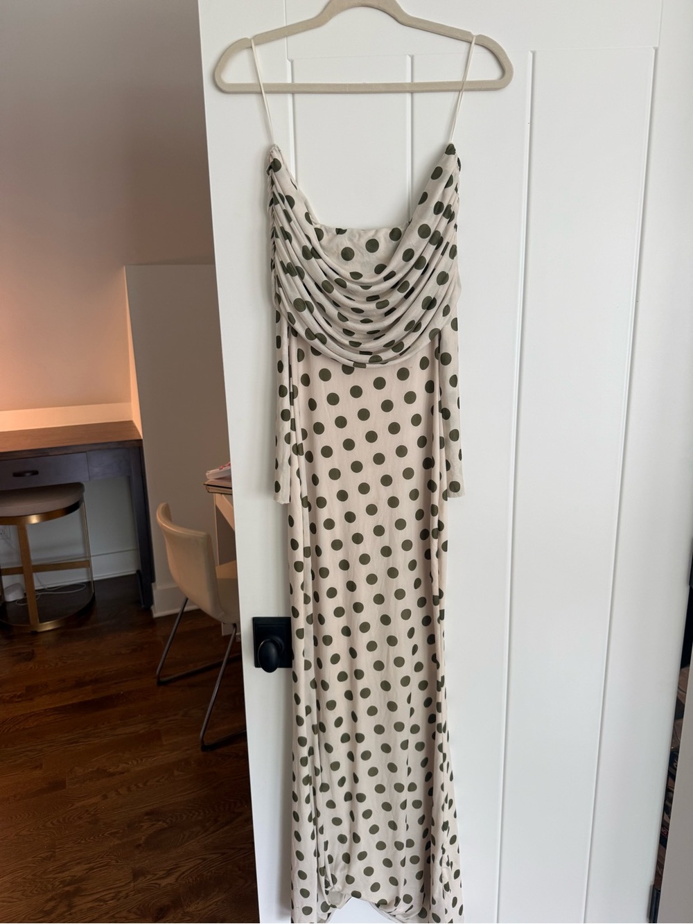 AFRM Cream Maxi Slip Dress with Olive Polka Dots - Picture 2 of 3